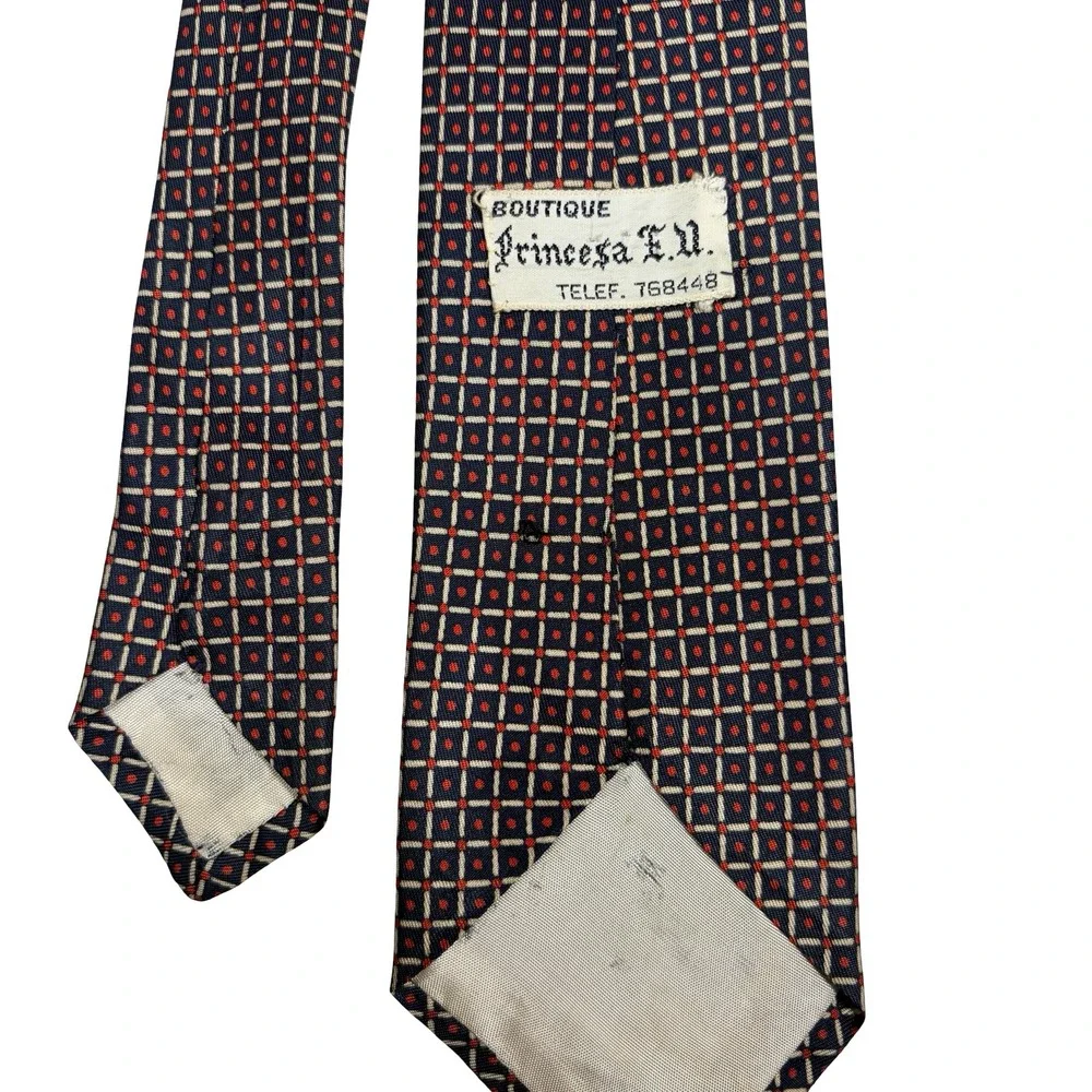Vtg Boutique Princesa E.U. Silk Tie Navy Red‎ Geometric Mod Retro 60s 70s READ
